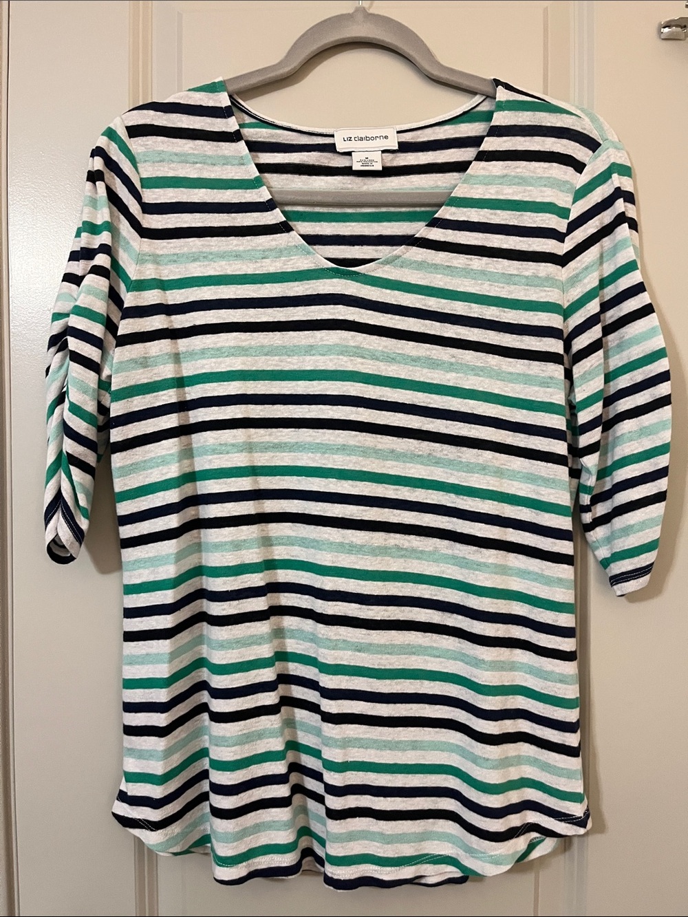 Liz Claiborne White, Navy & Green Striped V-Neck Long Sleeve Top